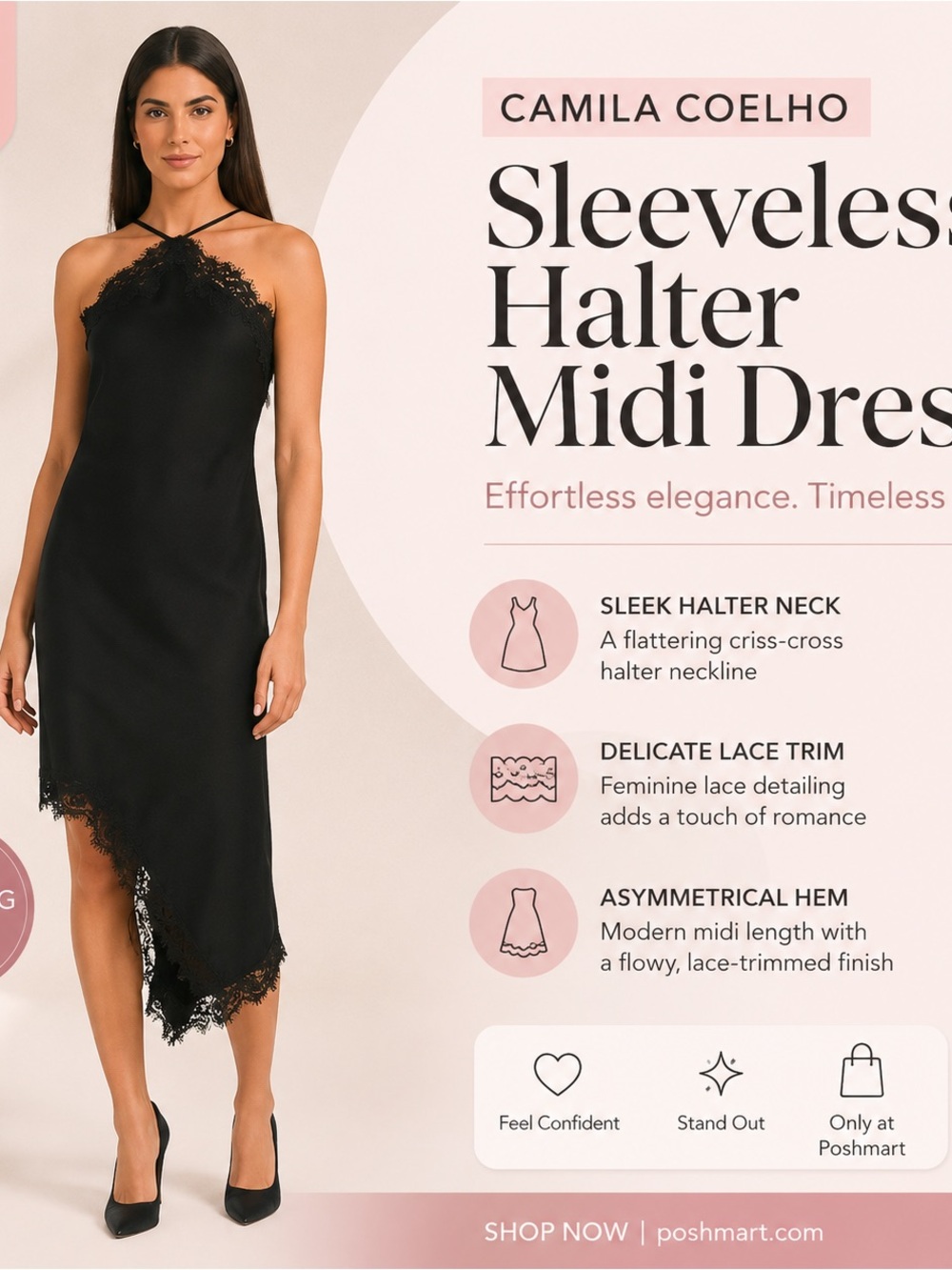Camila Coelho Black Lace-Trim Slip Midi Dress